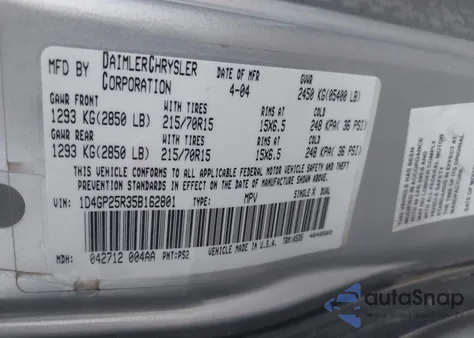 2005 Dodge Caravan Se z USA, uszkodzony, nr VIN 1D4GP25R35B162801